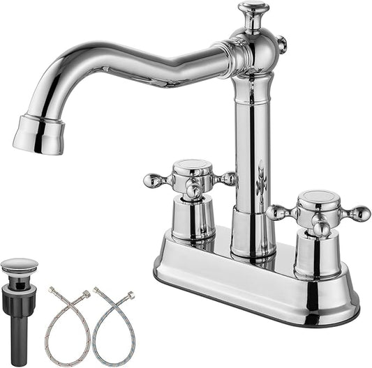 Aolemi 4 Inch Centerset Bathroom Sink Faucet Vintage 2 Cross Handle RV Mixer Tap Basin Vanity Lavatory Utility for Sink 3 Hole Include Hoses Pop Up Drain Faucet Handle Without Label Polish Chrome