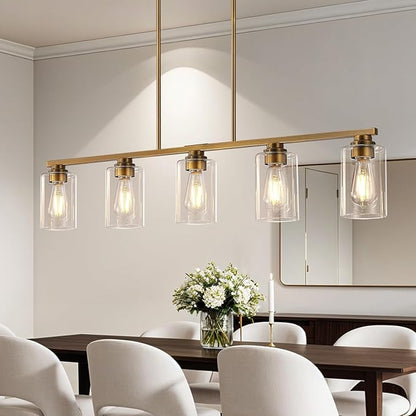 Mecgirn Island Light for Kitchen, Brushed Brass Dining Room Light Fixture Over Table, 5-Light Linear Chandelier Pendant Lighting for Dining Table Kitchen Island Living Room