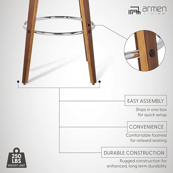 Armen Living Shelly 30" Bar Height Swivel Brown Faux Leather and Walnut Wood Bar Stool - Set of 3