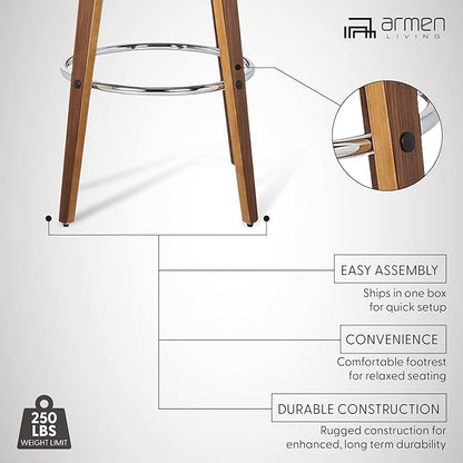 Armen Living Shelly 26" Seat Height Mid Century Modern Swivel Bar Stool for Kitchen Island Counter in Brown Faux Leather and Walnut Wood
