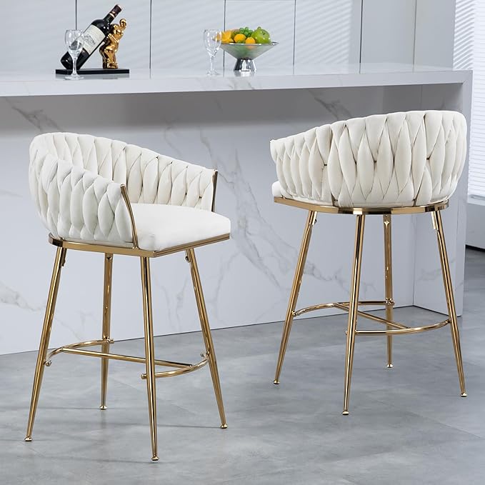 26'' Counter Height bar stools Velvet Kitchen Island Counter bar Stool with Hand Wave Back,Golden Chromed Base and footrest (Beige)