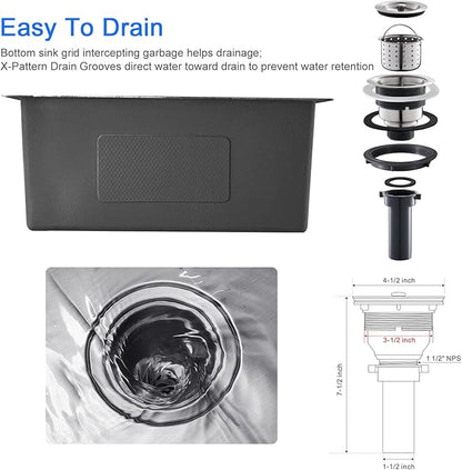 MENATT 18 x 18 inch Undermount Small Kitchen Sink, T-304 Stainless Steel Handmade Bar Sink, Single Bowl Kitchen Sink with Strainer, Brushed