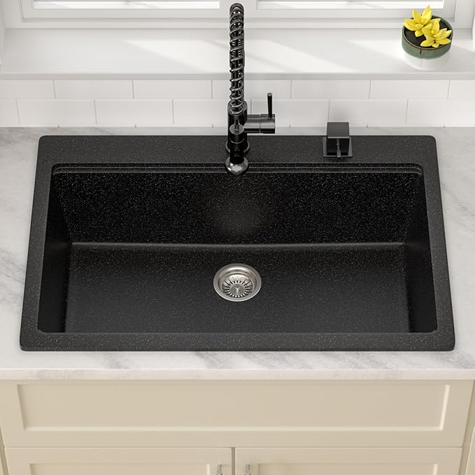 Dcolora 33 In. Drop In Granite Composite Kitchen Sink, Quartz Matte Black Single Bowl Topmount Workstation Sink, 33" X 22" X 10"#DC-0001GBT