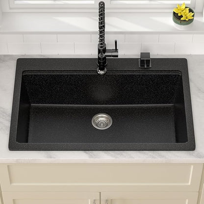 Dcolora 33 In. Drop In Granite Composite Kitchen Sink, Quartz Matte Black Single Bowl Topmount Workstation Sink, 33" X 22" X 10"#DC-0001GBT