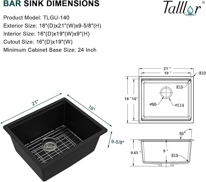21"x18" Undermount Bar Sink Workstation - 21 Inch Granite Composite Matte Black Quartz Classic Single Bowl Under Counter Small Prep Rv Kitchen Sink All-In One #TLGU-140
