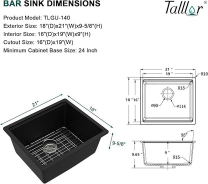 21"x18" Undermount Bar Sink Workstation - 21 Inch Granite Composite Matte Black Quartz Classic Single Bowl Under Counter Small Prep Rv Kitchen Sink All-In One #TLGU-140