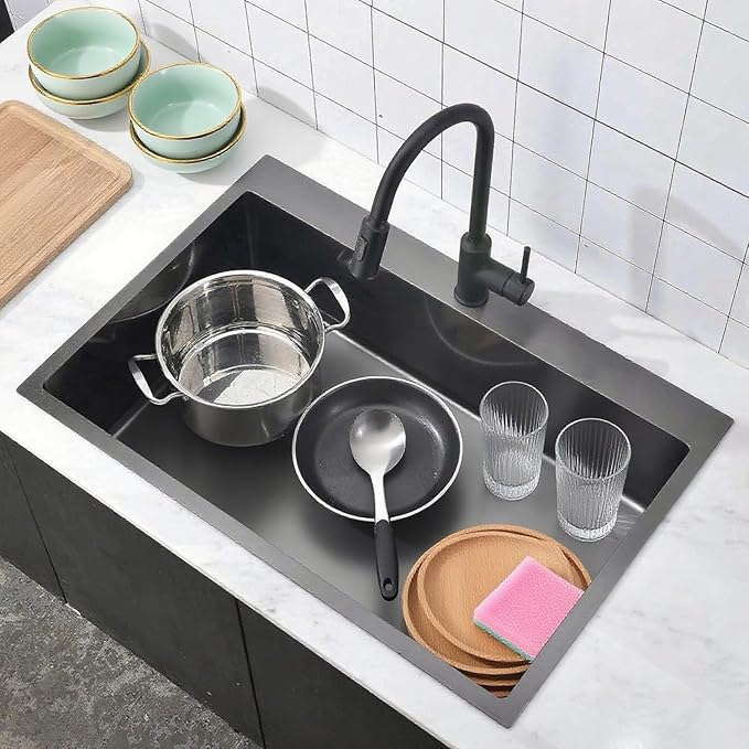 Comllen 28x18 inch Stainless Steel Black Drop In Kitchen Sink,28 Inch Topmount Sinks,16 Gauge 9 Inch Deep Single T304 Single Bowl Kitchen Sink With Strainer