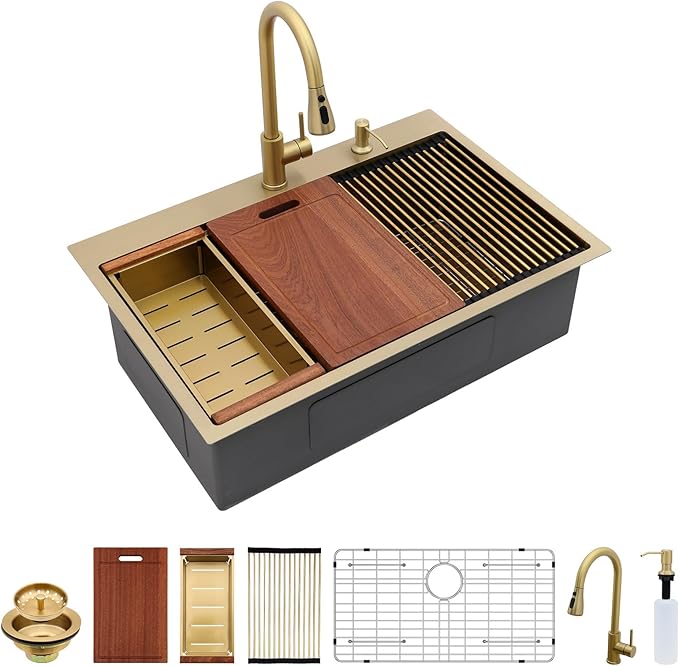 Sarlai 33 Gold Kitchen Sink with Faucet- 33x22 Inch Drop In Kitchen Sink Single Bowl Topmount Gold Ledge Workstation Sinks 16 Gauge Stainless Steel Sinks with Pull-out Faucet