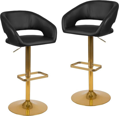 Flash Furniture Erik Comfortable & Stylish Contemporary Barstool with Rounded Mid-Back and Foot Rest, Adjustable Height - Black Vinyl with Gold Base, Set of 2
