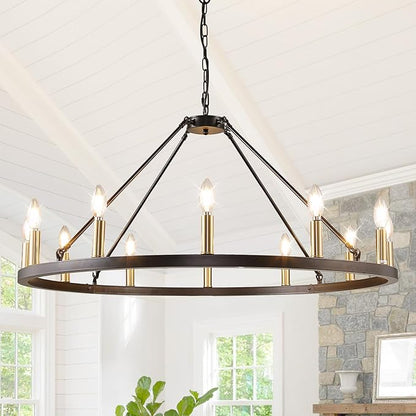 12-Light Black and Gold Chandelier, Farmhouse Entryway Wagon Wheel Chandelier, Round Chandeliers for Dining Room, Rustic Kitchen Island Iight Fixtures, Foyer Chandeliers for High Ceilings