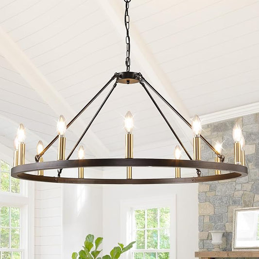 12-Light Black and Gold Chandelier, Farmhouse Entryway Wagon Wheel Chandelier, Round Chandeliers for Dining Room, Rustic Kitchen Island Iight Fixtures, Foyer Chandeliers for High Ceilings