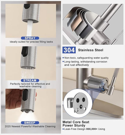 Brushed Nickel Kitchen Sink Faucet with Pull Down Sprayer- High Arc Stainless Steel Single Handle, 3-Spray Mode Metal Head for RV Camper Farm, Fit for 1 or 3 Hole with 10'' Deck Plate