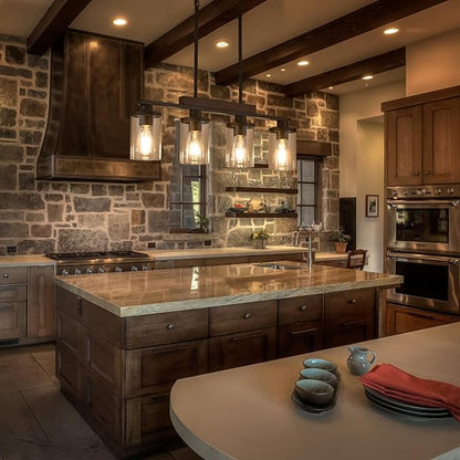 Kitchen Table Light Fixtures Over Island Ceiling Hanging,4-Light Rustic Wood Pendant Chandelier for Dining Room with with Glass Shade