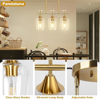 3-Light Pendant Lights Kitchen Island Lighting Fixtures Gold Linear Chandelier Dining Room Light Fixture Ceiling Hanging Modern Kitchen Chandeliers Over Table with Clear Glass Shades