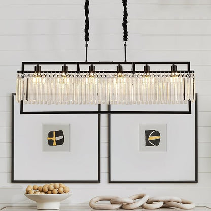43.7" Modern Black Crystal Chandeliers for Dining Room, Luxury Rectangle 6-Light Kitchen Island Lighting, Linear Hanging Ceiling Pendant Light Fixture for Pool Table Entryway Foyer Hallway