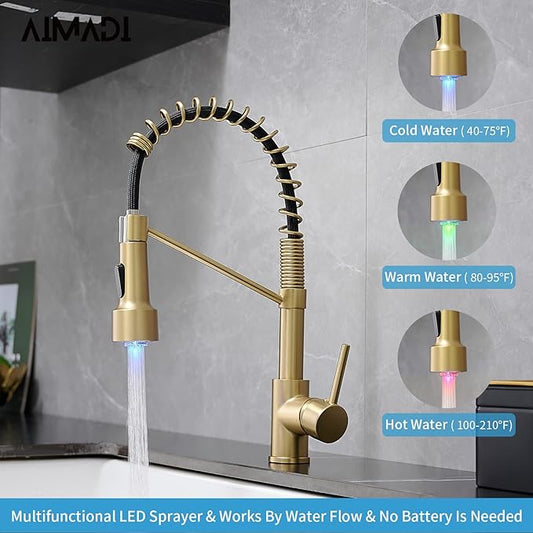 Gold Kitchen Faucet with Sprayer,AIMADI Modern Single Handle Spring Brushed Gold Pull Down Kitchen Faucet with LED Light