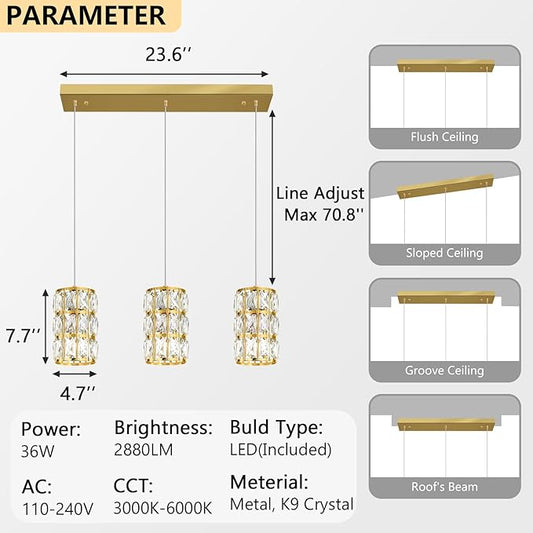 3-Lights Rectangle Modern Crystal Pendant Lights for Kitchen Island LED Dimmable Glam Pendant Lighting Chandelier for Dining Room Hallway Corner Lamp Gold