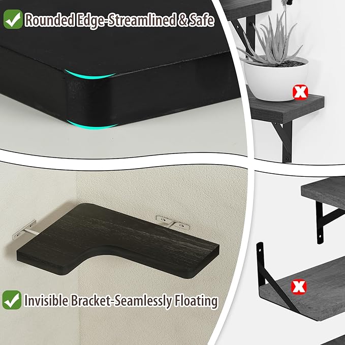 SAUMONIERES Corner Floating Shelves Wall Mount Shelf Solid Wood for Bedroom Bathroom Room Kitchen Storage Set of 3, Black, Invisible Brackets