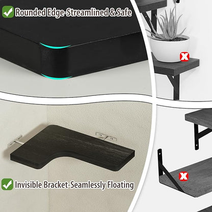 SAUMONIERES Corner Floating Shelves Wall Mount Shelf Solid Wood for Bedroom Bathroom Room Kitchen Storage Set of 3, Black, Invisible Brackets
