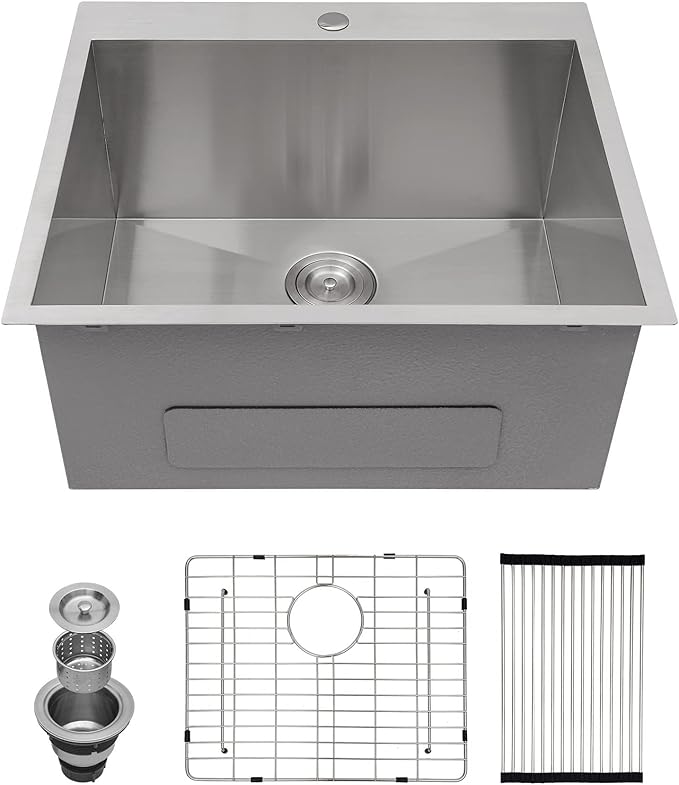 Kichae 25 Inch Laundry Sink - 25x22 Kitchen Sink Drop In Utility Sink 12" Deep Sink Topmount Single Bowl Stainless Steel RV Laundry Sinks Handmade with Accessories