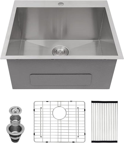 Kichae 25 Inch Laundry Sink - 25x22 Kitchen Sink Drop In Utility Sink 12" Deep Sink Topmount Single Bowl Stainless Steel RV Laundry Sinks Handmade with Accessories