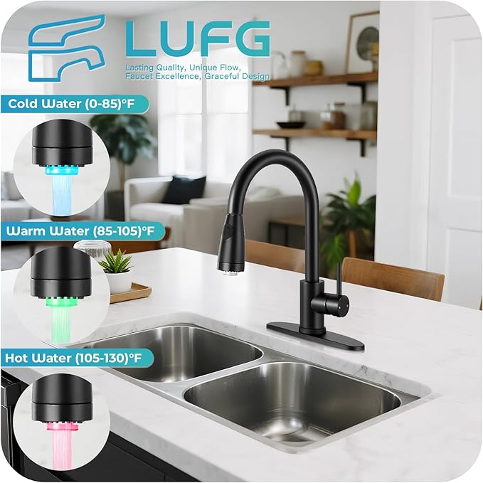 LED Kitchen Faucet with Pull Down Sprayer - Matte Black Single Handle Kitchen Faucets, High Arc Stainless Steel Pull Out Kitchen Sink Faucet with Deck for RV Laundry Farmhouse Bar
