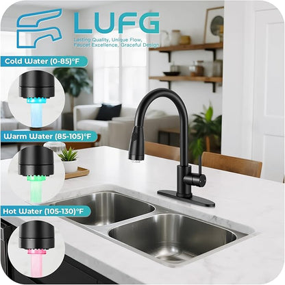 LED Kitchen Faucet with Pull Down Sprayer - Matte Black Single Handle Kitchen Faucets, High Arc Stainless Steel Pull Out Kitchen Sink Faucet with Deck for RV Laundry Farmhouse Bar