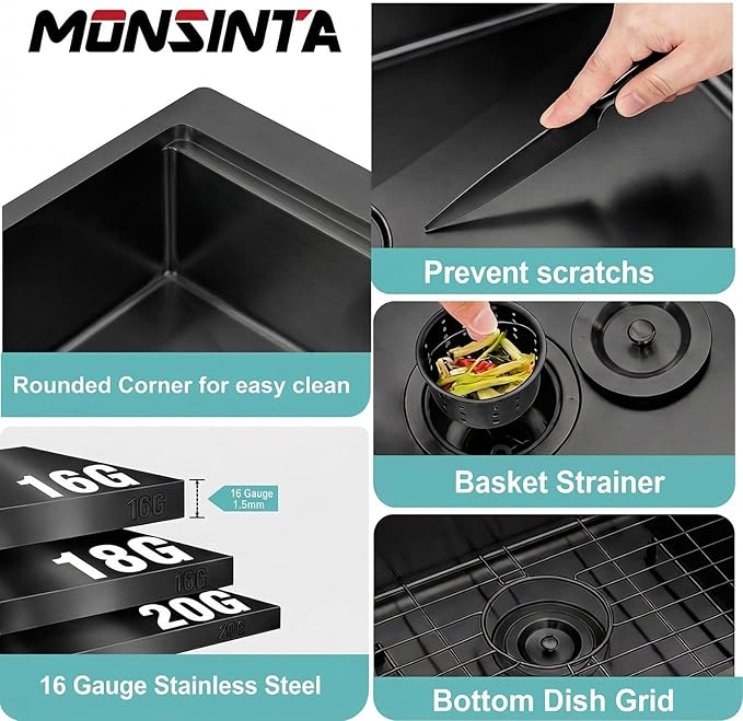 Black Drop In Kitchen Sink 33" x 22", 16 Gauge 304S Stainless Steel Workstation Sinks with Accessories, 33" x 22" x 10" Large and Deep Top Mount Single Bowl Kitchen Sink