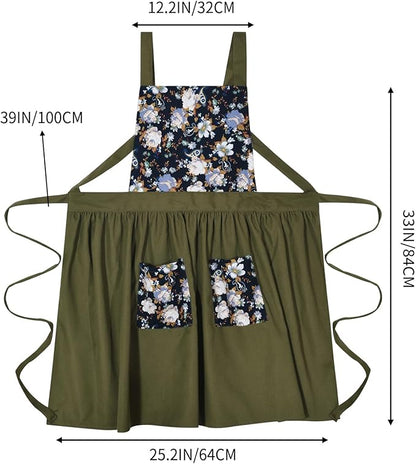 Pinknoke Vintage Pinafore Apron Dress for Women with Pockets Cute Floral Chef Aprons for Kitchen Cooking Baking Gardening