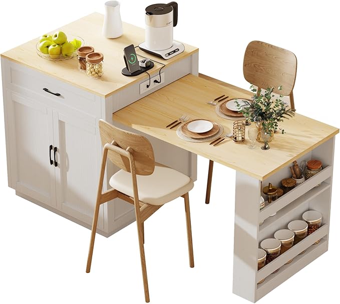 82.7" Kitchen Island with Extendable Dining Table for 4-6, Faux Marble Mobile Kitchen Cart with Power Outlet, Large Storage Island with 2 Storage Compartment, 2 Side Shelves & Spice Rack