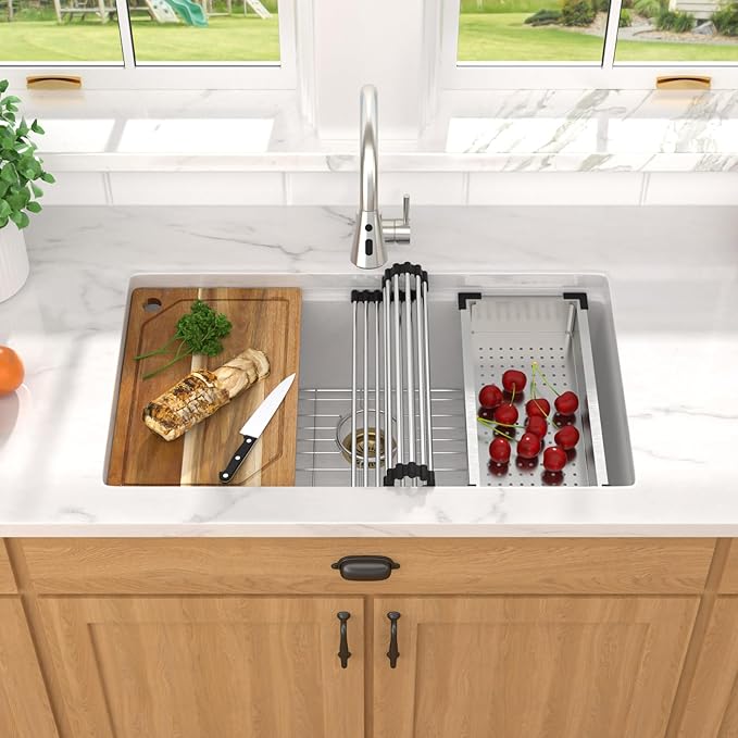 Granite kitchen Sink - 32 Inch White Undermount Kitchen Sink Workstation Single Bowl White Quartz Composite Sinks Basin with Gold Drain Assembly, 32"x19" #TLGU-104