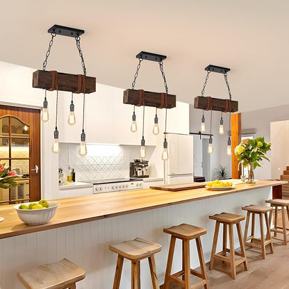 KEESFU 4-Lights Farmhouse Pendant Lights Kitchen Island, Rustic Wooden Ceiling Hanging Light, Height Adjustable, Dining Room Chandelier for Kitchen Island Dining Room Bar Pool Table Cabin.