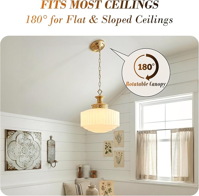 Vintage Schoolhouse Pendant Light 14" Milk Glass Pendant Light Farmhouse Brass Gold Chandelier Glass Pendant Light Fixture for Kitchen Island Lighting, Dining Room, Foyer