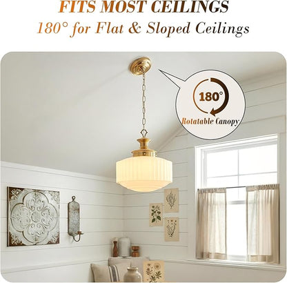 Vintage Schoolhouse Pendant Light 14" Milk Glass Pendant Light Farmhouse Brass Gold Chandelier Glass Pendant Light Fixture for Kitchen Island Lighting, Dining Room, Foyer
