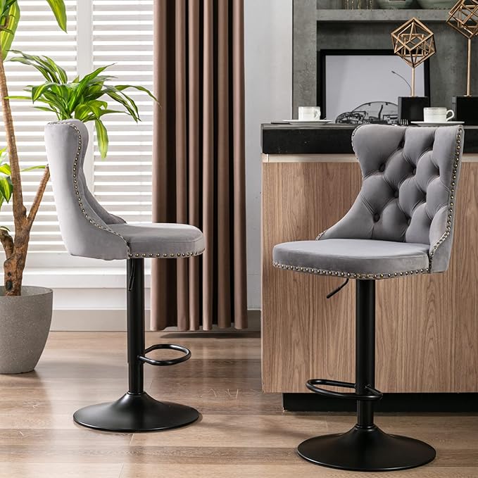 KEIKI Swivel Velvet Barstools，Upholstered Chairs Set of 2, Adjusatble Seat Height from 25-33 Inch for Home Pub, Kitchen Island, Gray