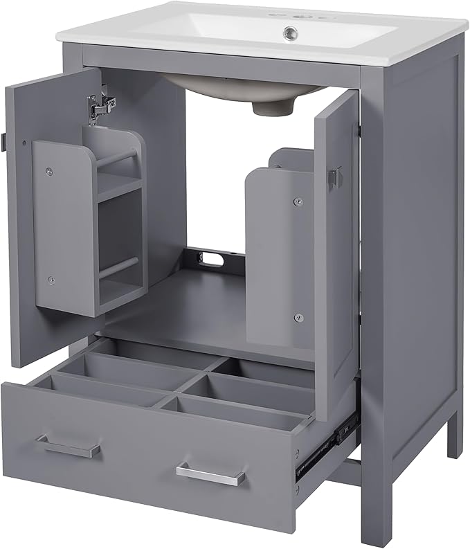 Favfurish 24" Modern Bathroom Vanity with Ceramic Sink, Freestanding Storage Cabinet w/2 Soft-Close Doors & 1 Drawer, Double-Layer Door Shelf, Solid Wood Frame for Small Bathrooms, Easy Assembly,Grey