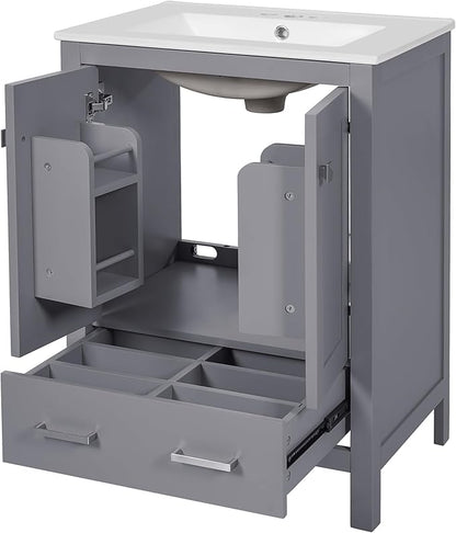 Favfurish 24" Modern Bathroom Vanity with Ceramic Sink, Freestanding Storage Cabinet w/2 Soft-Close Doors & 1 Drawer, Double-Layer Door Shelf, Solid Wood Frame for Small Bathrooms, Easy Assembly,Grey