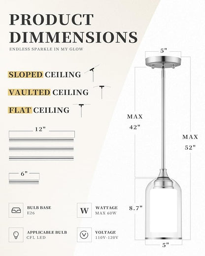 LIROUVET Modern Pendant Lights - Dual Glass Pendant Lights Kitchen Island, Brushed Nickel Hanging Lamp with Clear and Milk Glass, 1=Light Pendant Lighting for Kitchen, Dining Room, PL02BN