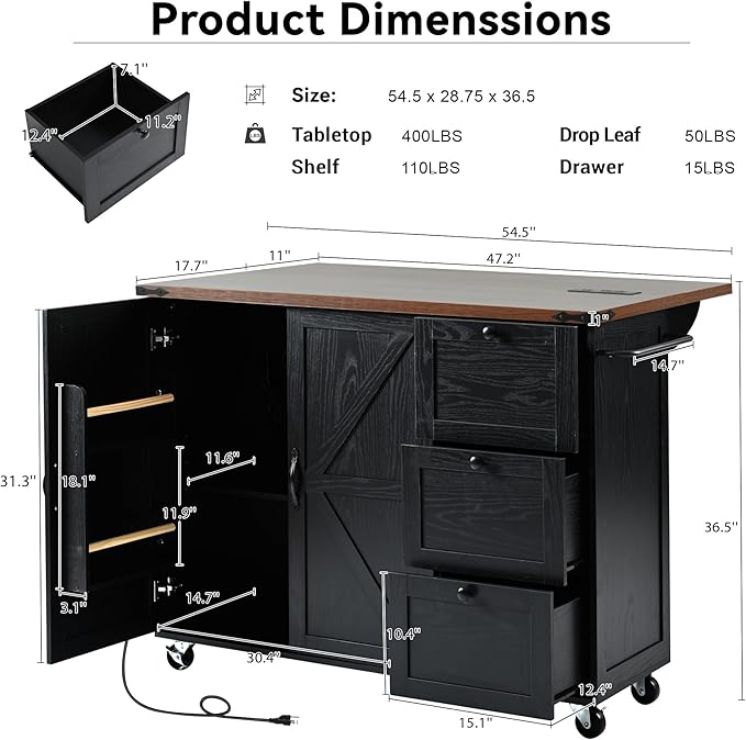 54" Farmhouse Kitchen Island with Power Outlet and Drop Leaf, Rolling Kitchen Cart on Wheels with Spice Rack & Towel Holder, Mobile Storage Island with Internal Storage Rack