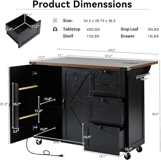 54" Farmhouse Kitchen Island with Power Outlet and Drop Leaf, Rolling Kitchen Cart on Wheels with Spice Rack & Towel Holder, Mobile Storage Island with Internal Storage Rack