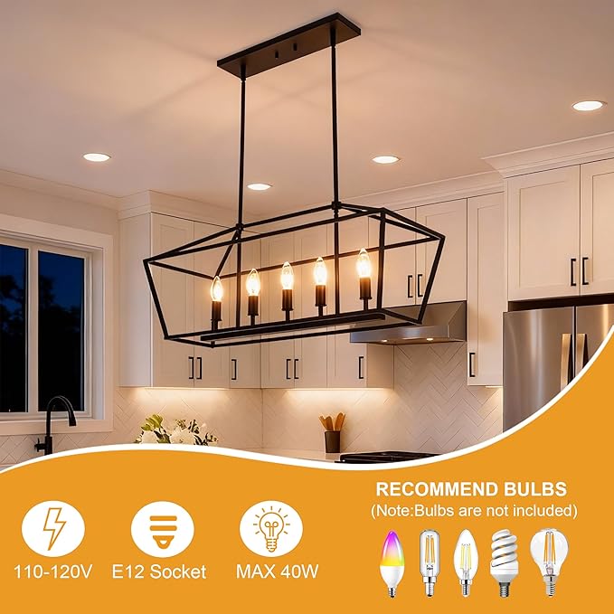 VINLUZ Farmhouse Kitchen Island Light,E12 5-Light Matte Black Finish Rustic Dining Room Chandelier Hanging Pendant Lighting Fixture Ceiling Light for Living Room Foyer Bedroom