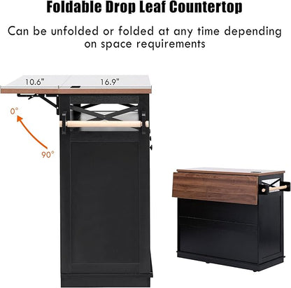 Bellemave 46.5" Farmhouse Kitchen Island cart with Charging Station and with Drape of Beads, Rolling Kitchen Island Table with Drop-Leaf, 3 Drawers, Black