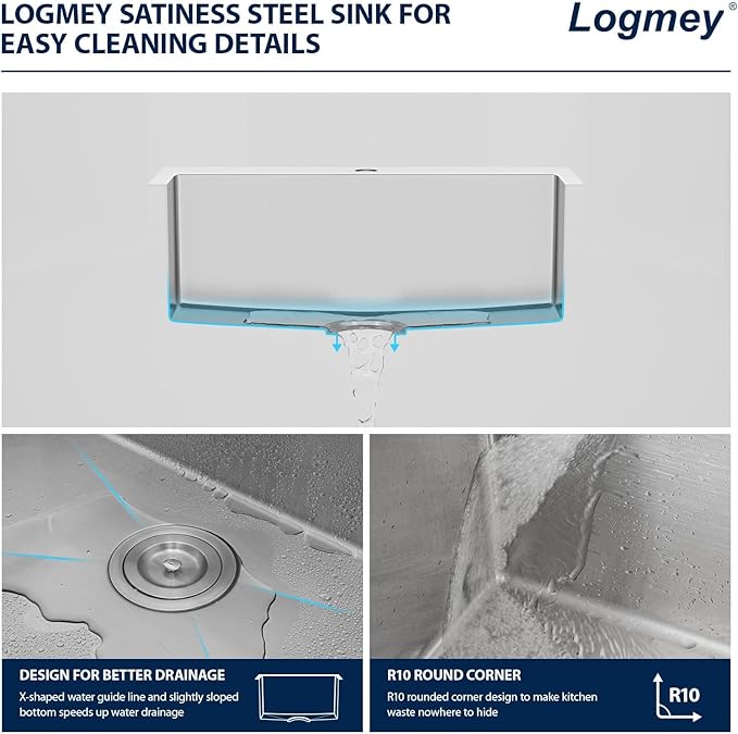 Logmey 25 Inch Drop In Kitchen Sink - 25x22 In Handmade Stainless Steel Kitchen Sinks 16 Gauge Topmount Sink Single Bowl Round Corner Sink Bar Sink Prep 25x22x9 Inches