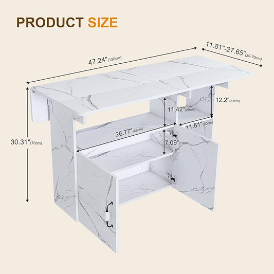 47" Folding Dining Table with Storage Shelves, Multi-Functional Rolling Kitchen Island on Wheels, Compact Desk for Small Spaces, Kitchen, Dining Room, Work, White