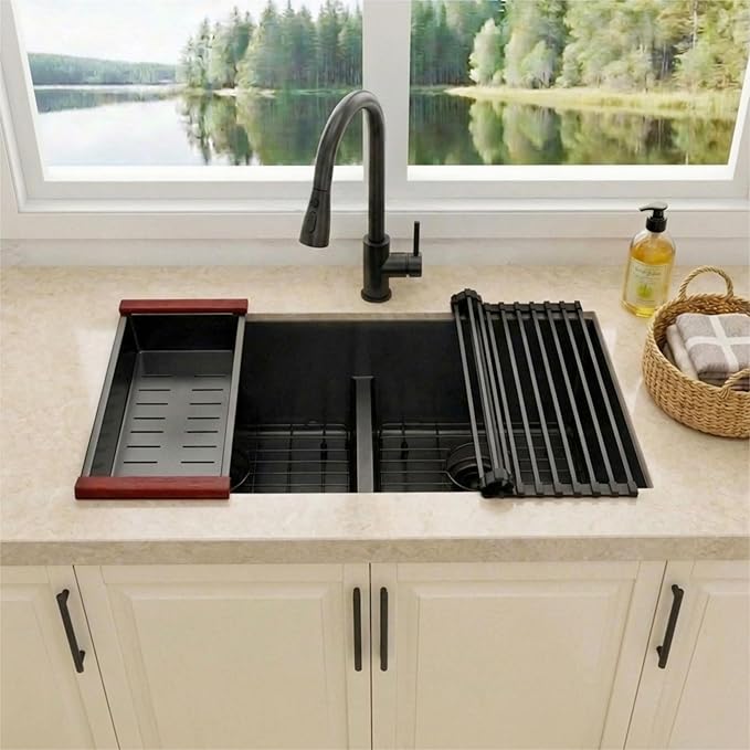 32 inch Double Bowl Kitchen Sink,Black Undermount Kitchen Sink 32 X 18 inch,16 Gauge Stainless Steel Undermount Sinks,Special Low-Divide Design
