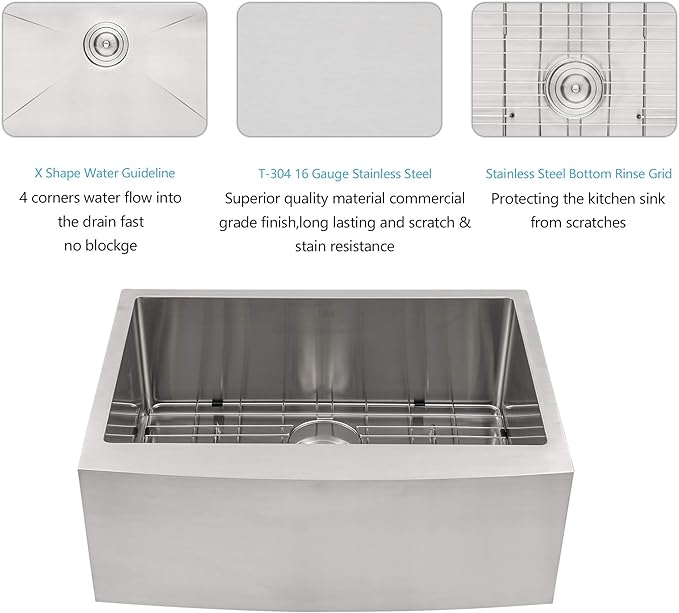 Lordear 28 Farm Sink Stainless 28 x 21 inch Farmhouse Sink 16 Gauge Stainless Steel Apron Front Single Bowl Kitchen Sinks Basin