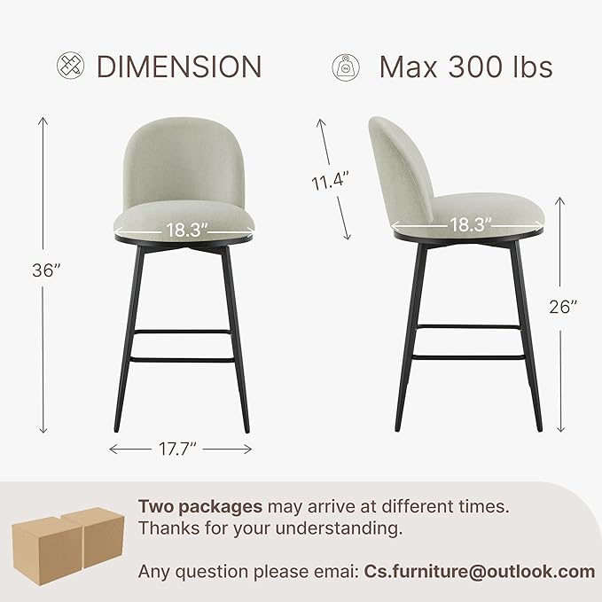 KISLOT Counter Height Swivel Bar Stools Set of 4, 26" Upholstered Linen Fabric Barstools with Backs and Metal Legs for Kitchen Island,Grey