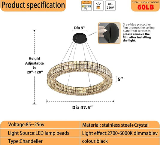 Large Ring Chandelier 47.5 inch Black Modern Crystal Chandelier Lighting High Ceiling Foyer Chandeliers for Living Room Dining Room Staircase Led Dimmable 2700k-6000k