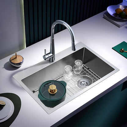 ROVOGO 25x18x9 Drop-in Kitchen Sink Single Bowl with Offset Drain Assembly and Bottom Grid, 304 Stainless Steel Handmade Modern Sink Top Mount with 1 Faucet Hole, Brushed