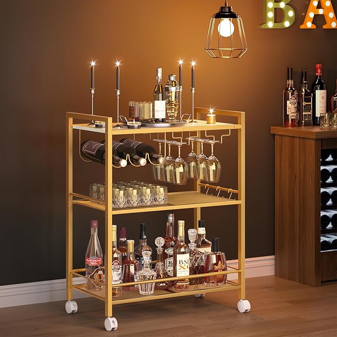 Joaxswe Bar Cart, Home Bar Serving Cart with 3-Tier Shelf,Microwave Cart with Lockable Wheels,Mobile Kitchen Shelf,Rolling Beverage Cart with Wine Rack and Glass Holder for Kitchen,Dinning Room,Gold